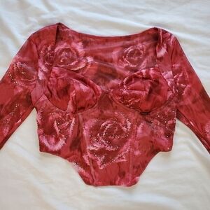 Shein Bae Long Sleeve Mesh Corset Top With Rhinestones - Floral Rose Print